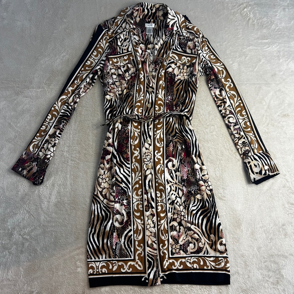 CACHE Vintage Y2K Shirt Dress Womens 4 Animal Print Zebra Snakeskin Belted Mini - Picture 2 of 7